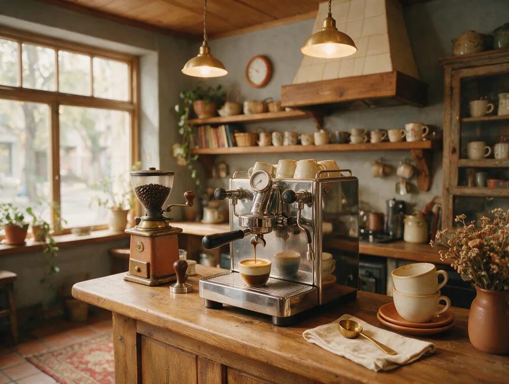 La barra de La Ilusión con la cafetera sacando un espresso y tazas apiladas.