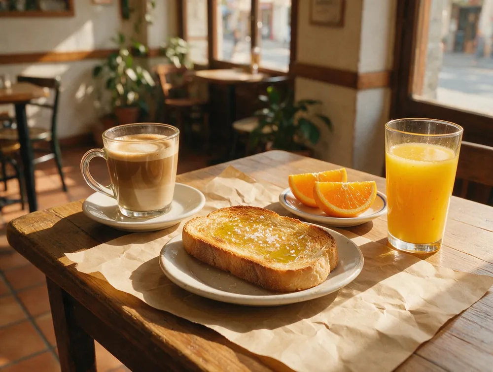 Desayuno español en La Ilusión: tostada, café con leche y zumo de naranja natural sobre mesa de madera.