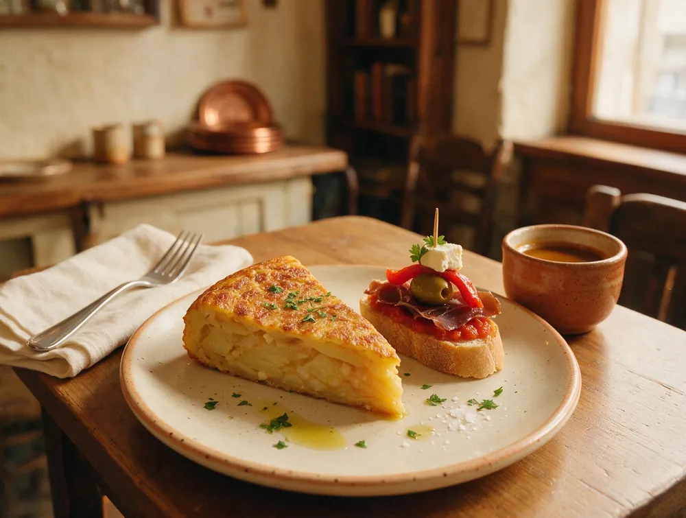 Tapas caseras sencillas en La Ilusión: tortilla de patatas y un pincho.